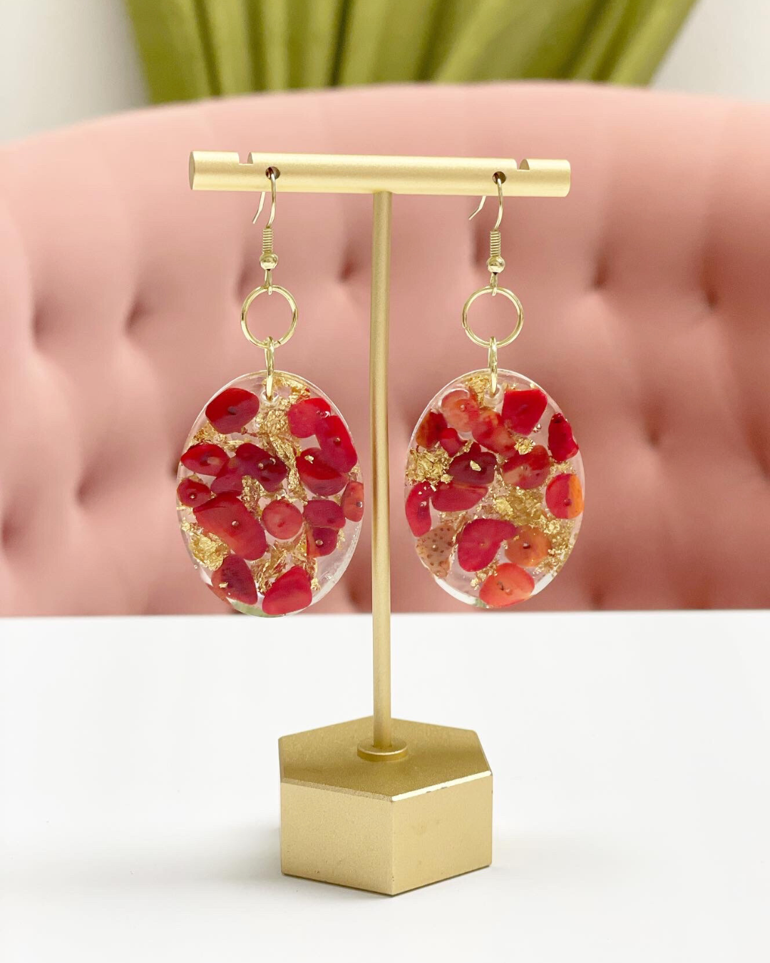 Oval Dangle Earrings with Resin Artwork