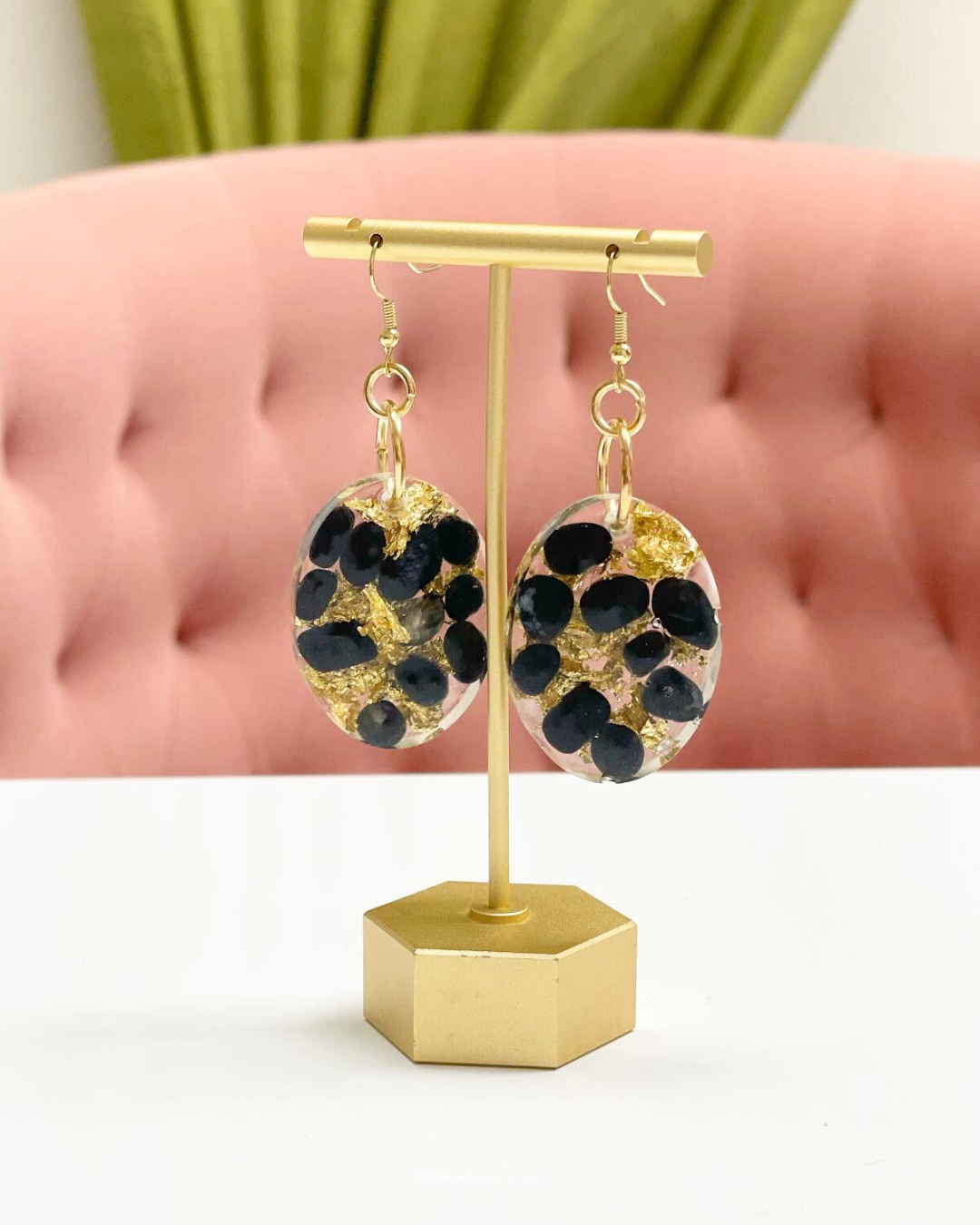 Oval Dangle Earrings with Resin Artwork