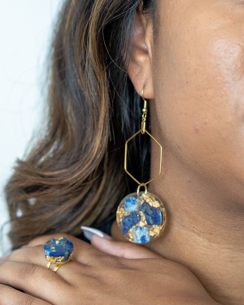 Hexagon Dangle Earrings with Circle Resin Artwork