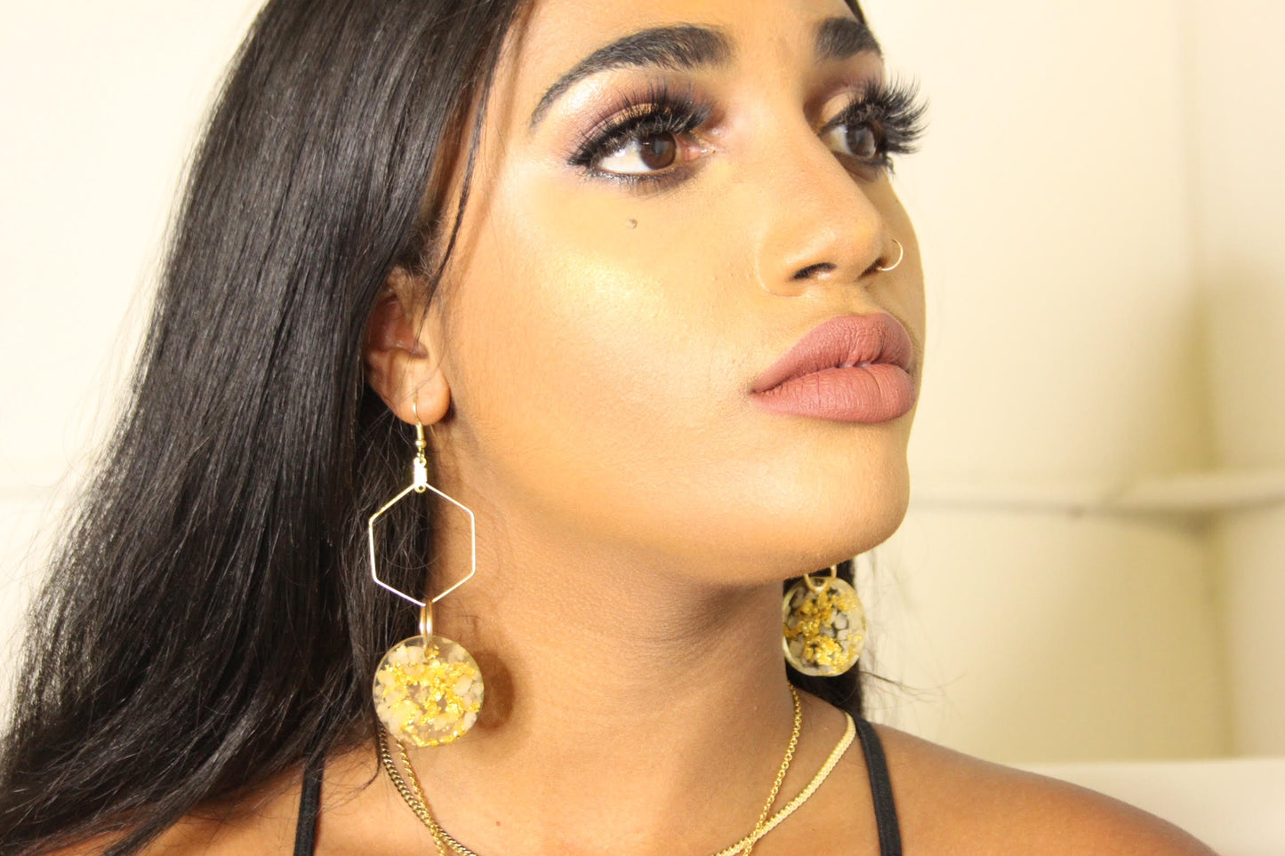 Hexagon Dangle Earrings with Circle Resin Artwork