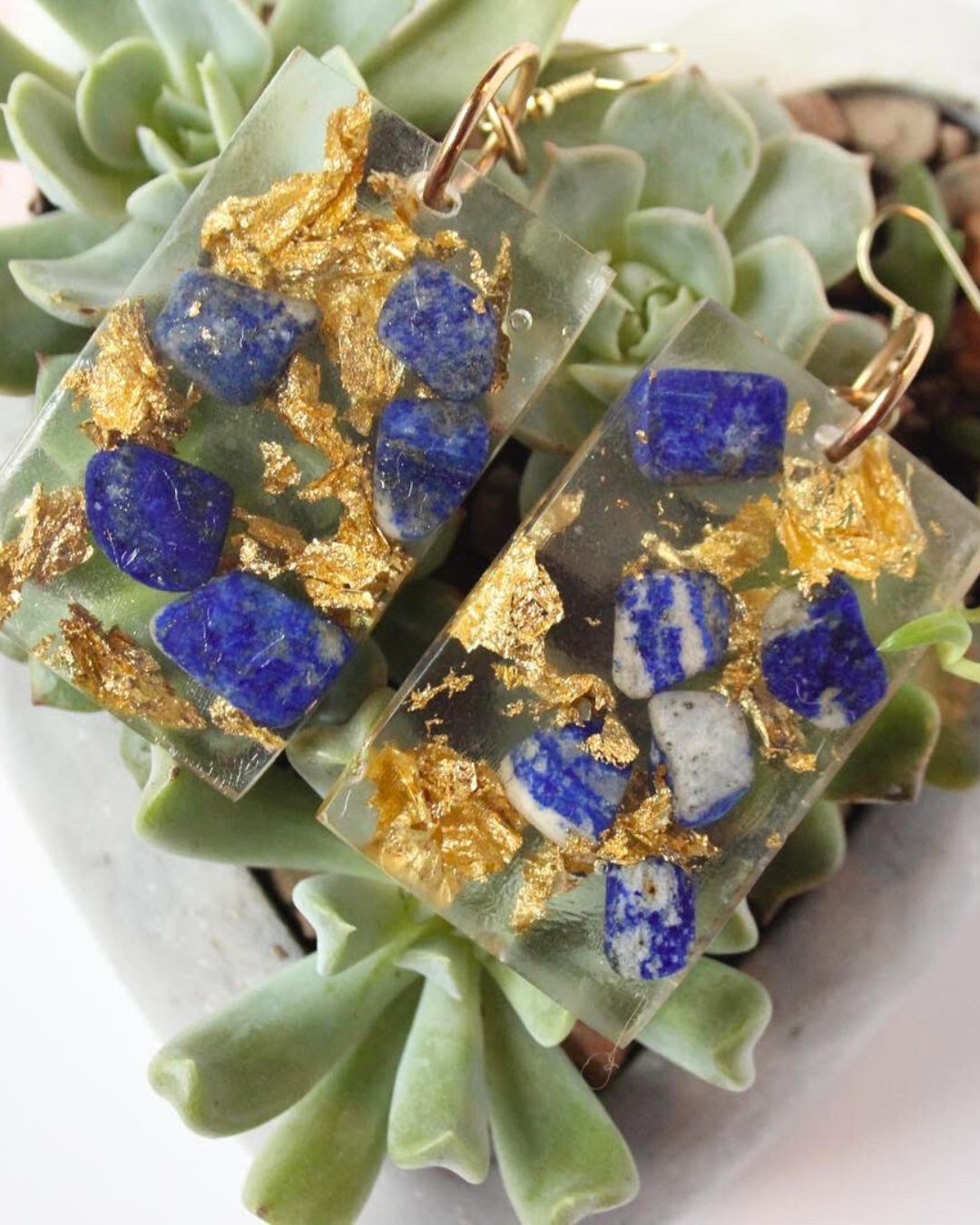 Rectangle Dangle Earrings with Resin Artwork