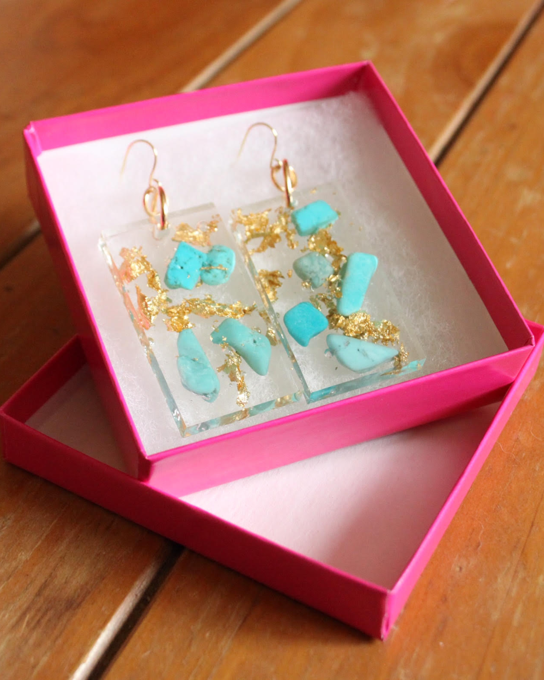 Rectangle Dangle Earrings with Resin Artwork