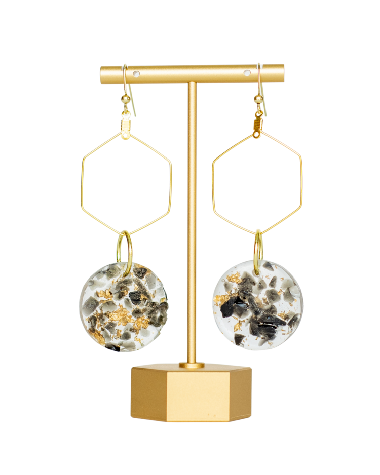 Hexagon Dangle Earrings with Circle Resin Artwork