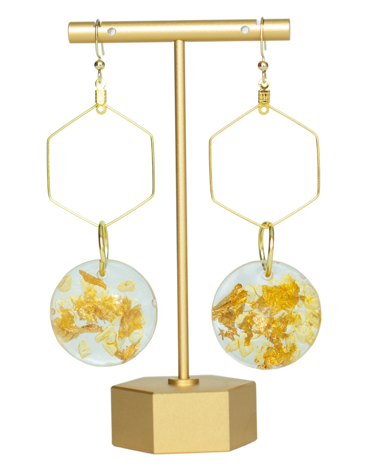 Hexagon Dangle Earrings with Circle Resin Artwork